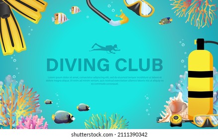 Yellow flippers, fins, oxygen tank, underwater mask, snorkel, coral, fish, seashell, blue background. Swimming diver shadow above logo. Scuba diving club banner, poster, billboard. Vector illustration