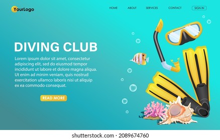 Yellow flippers or fins, underwater mask, coral, tropical fish, seashell, bubbles on blue background. Underwater snorkeling equipment. Scuba diving club banner, poster, billboard. Vector illustration