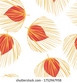 Yellow Floral Abstract Vector Seamless Pattern. Foliage Summer Wallpaper. Exotic Plant Background. Red Fabric Palm Design.