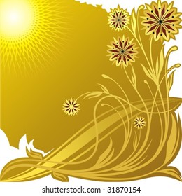 Yellow floral background with branches, leafs and flowers