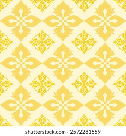 Yellow floral damask classic traditional design, seamless pattern, vector illustration. Design for elaborated borders, ceramic pottery, tiles, and clothing.