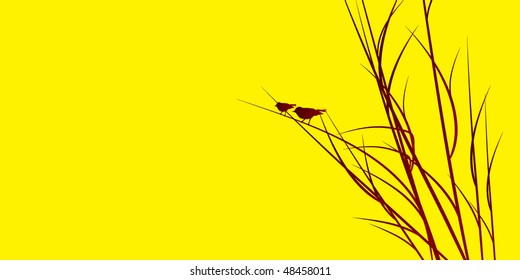 yellow floral design banner with wispy branches on the right and small birds sitting on them