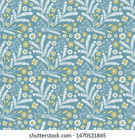 Yellow Floral / Herbal Beautiful Pattern. Pastel Colored / Hand Drawn Seamless Background.