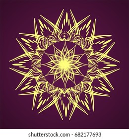 Yellow floral mandala on the purple background. Stylized sun. Design print for t-shirt. Samsara. Boho chic. Vector isolated illustration. Sketch of tattoo for girl. Snowflake