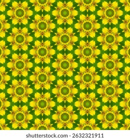 The yellow floral pattern is arranged seamlessly. The yellow tone gives a lively and lively feeling. The green background adds a natural atmosphere, suitable for designs that require relaxation.