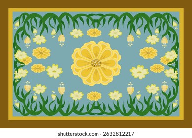 Yellow floral pattern with a brow  background border suitable for making scarves or rugs