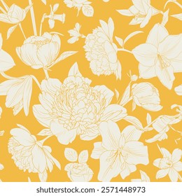 Yellow Floral Pattern with White Line Art of Peonies, Lilies, and Roses for Elegant  Vintage Wallpaper or Textile Design.