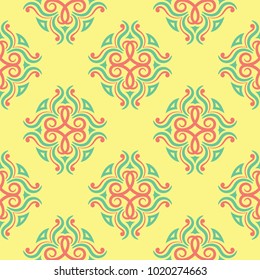 Yellow floral seamless pattern. Colored background with pink and green flower design for wallpapers, textile and fabrics
