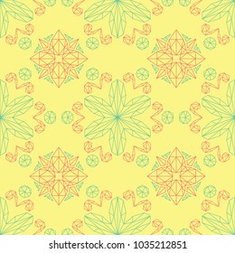 Yellow floral seamless pattern. Colored background with pink and green flower design for wallpapers, textile and fabrics