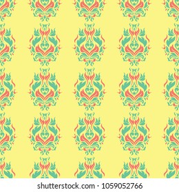 Yellow floral seamless pattern. Colored background with pink and green flower design for wallpapers, textile and fabrics