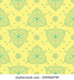 Yellow floral seamless pattern. Colored background with pink and green flower design for wallpapers, textile and fabrics