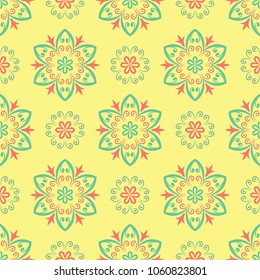 Yellow floral seamless pattern. Colored background with pink and green flower design for wallpapers, textile and fabrics