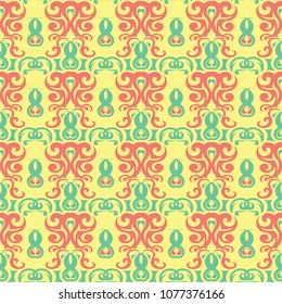 Yellow floral seamless pattern. Colored background with pink and green flower design for wallpapers, textile and fabrics