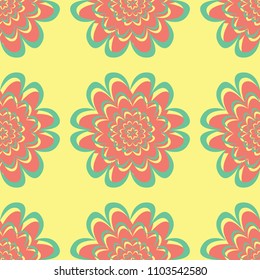Yellow floral seamless pattern. Colored background with pink and green flower design for wallpapers, textile and fabrics