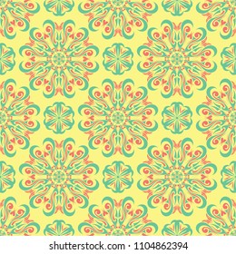 Yellow floral seamless pattern. Colored background with pink and green flower design for wallpapers, textile and fabrics