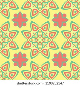 Yellow floral seamless pattern. Colored background with pink and green flower design for wallpapers, textile and fabrics