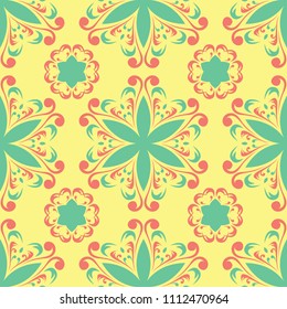 Yellow floral seamless pattern. Colored background with pink and green flower design for wallpapers, textile and fabrics