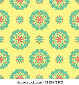 Yellow floral seamless pattern. Colored background with pink and green flower design for wallpapers, textile and fabrics