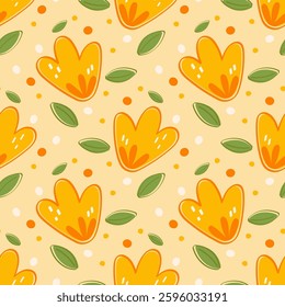 Yellow Floral Seamless Pattern with Green Leaves Spring Digital Paper for Scrapbooking and Fabric Design