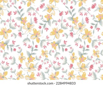 Yellow Floral seamless pattern isolated on white background.  . Botanical motif with blossoms , leaves for wallpaper, wrapping, fabric