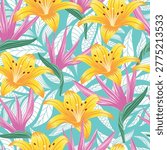 Yellow Floral seamless pattern with leaves. pink bird paradise flowers with green leaves on turquoise tropical background