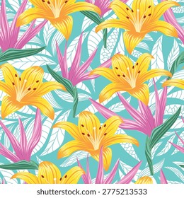 Yellow Floral seamless pattern with leaves. pink bird paradise flowers with green leaves on turquoise tropical background