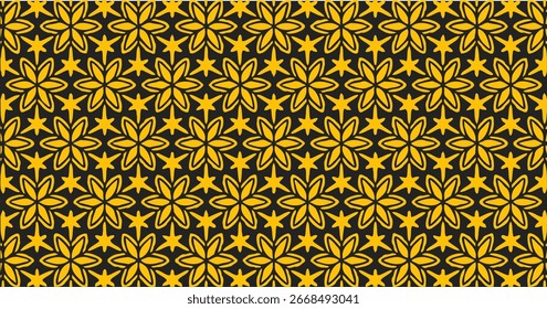 Patrón transparente floral amarillo sobre fondo negro con estilo decorativo audaz.