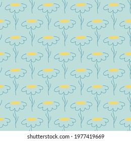 Yellow floral seamless pattern with outline chamomile flowers print. Blue background. Decorative style. Perfect for fabric design, textile print, wrapping, cover. Vector illustration.