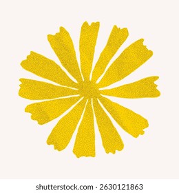 Yellow floral silhouette with jagged torn edges. Crumpled paper and halftone effect, simple design for retro collage and poster background.