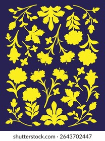 Yellow Floral Silhouette Set on Dark Background