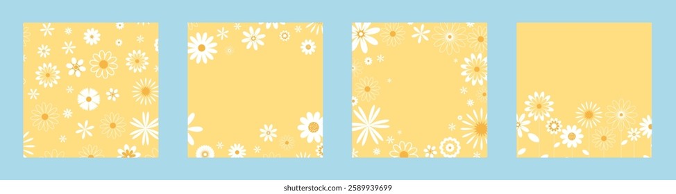 Yellow floral square background set. Bright template with white flowers for card, flyer, invitation, ad, splash. Vector graphics