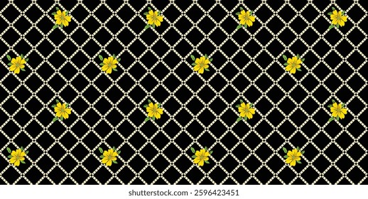 Yellow floral trellis pattern on black background, for textile, wallpaper, gift wrapping, print