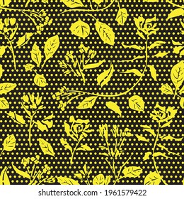 Yellow Floral tropical botanical seamless pattern dotted background for fashion textiles and graphics