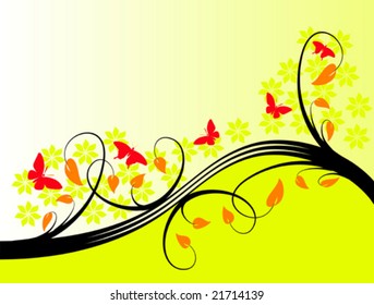 A yellow floral vector background with gold leaves on a lighter  graduated background