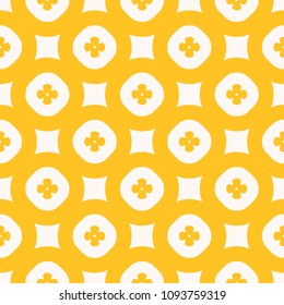 Yellow floral vector seamless pattern. Simple geometric texture with flowers, circles, squares. Abstract minimal colorful background. Positive summer design for decoration, fabric, cloth, wallpapers