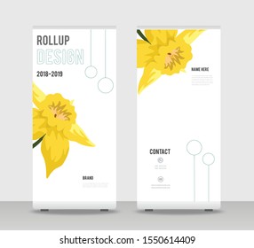 Yellow flower Abstract Shapes Modern Exhibition Advertising Trend Business Roll Up Banner Stand Poster Brochure flat design template creative concept. Yellow flower Roll Up EPS. Presentation Cover
