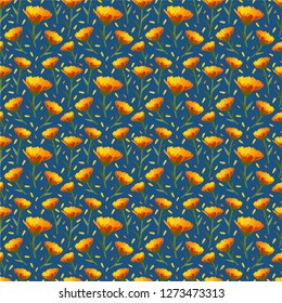 Yellow flower bloom in winter name Calendulas on nature blue background vector seamless pattern