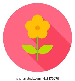 Yellow Flower Circle Icon. Flat Design Vector Illustration with Long Shadow. Nature Garden Symbol.