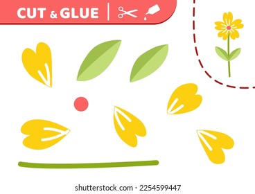 Yellow flower. Cut and glue. Spring flower.  Applique. Paper education game. Flat, cartoon. Isolated vector illustration eps 10