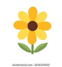 Yellow flower with dark brown center and oval petals. Flat floral design, bright and friendly, ideal for seasonal and spring themes