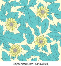 yellow flower doodle seamless pattern on yellow backgrounds