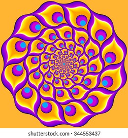 Yellow flower from feathers of a peacock (spin illusion)