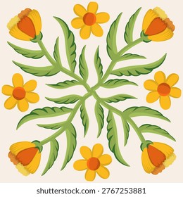 Yellow flower floral pattern symmetrical tile illustration. Hand drawn botanical ornament with yellow daisies and green leaves. Square floral frame mandala for greeting cards and textiles