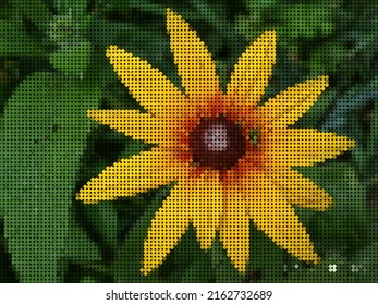 Yellow flower with foliage, mosaic circles. Sequins, embroidery. Stock vector illustration