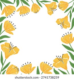 Yellow flower frame border with green leaves vector illustration. Hand drawn floral wreath frame with yellow blooming flowers doodle