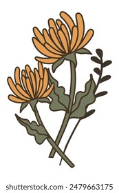 Flor amarilla. Planta de jardín. Floricultura. Ilustración vectorial plana, eps10. Aislado sobre fondo blanco. Estilo Antiguas con trazo