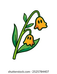 Yellow Flower with Ghostly Faces Surrounded by Green Leaves Cartoon Vector Illustration