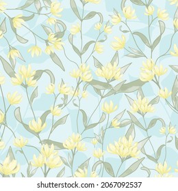 Yellow flower and green leaf on light blue background