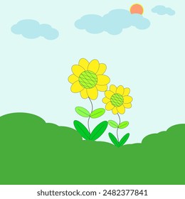 Yellow flower with green leaf sky cloud and sun