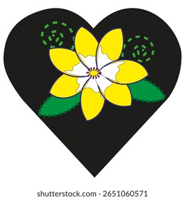 Yellow flower icon. Green leaf pattern. Colorful heart design. Vector floral motif.